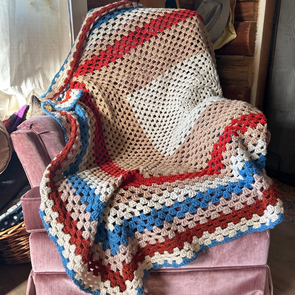 Vintage Handmade Granny Square Crochet Multicolored Blanket
